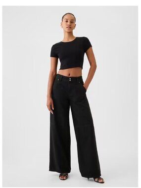 GAP Mid Rise UltraSoft Baggy Jeans Woman 32/14 Black Wide Leg Streetwear 2024
